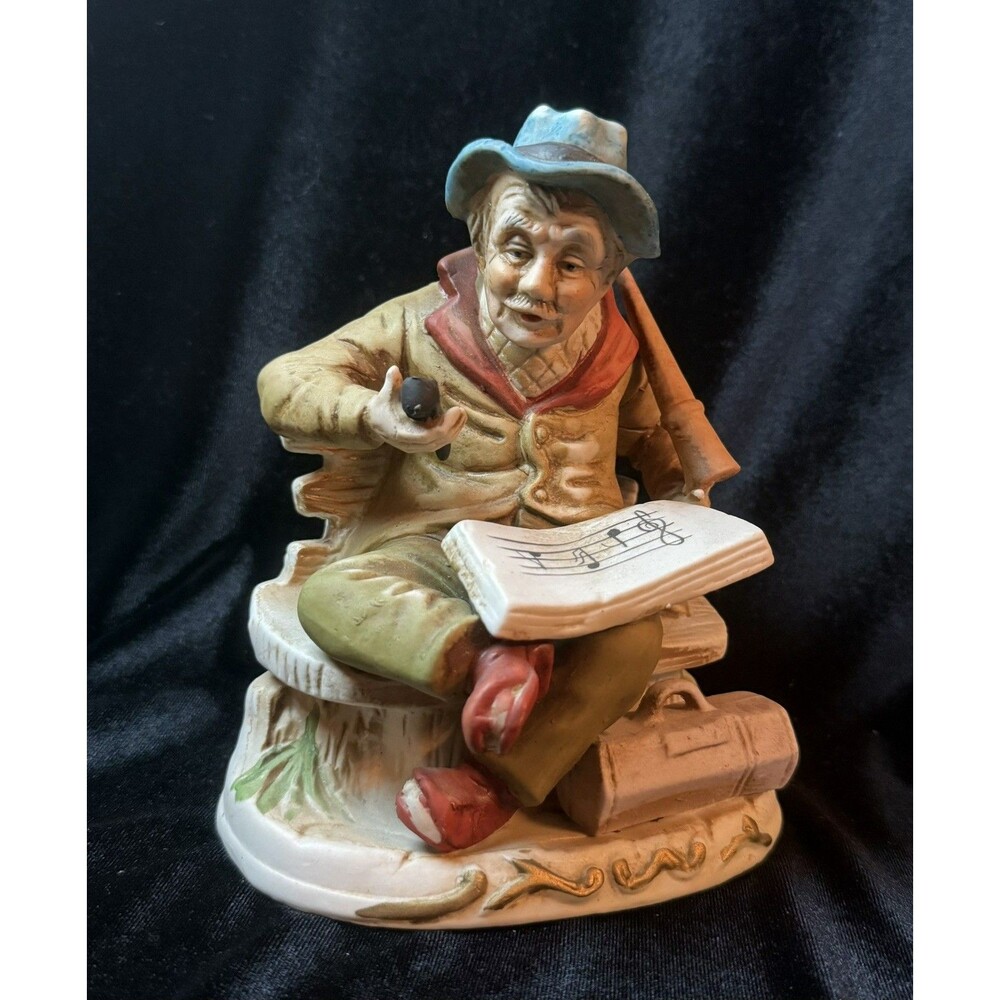 Vintage Hobo Porcelain Figurine - Old Man Hobo Sitting Bench w/ Pipe & Flute